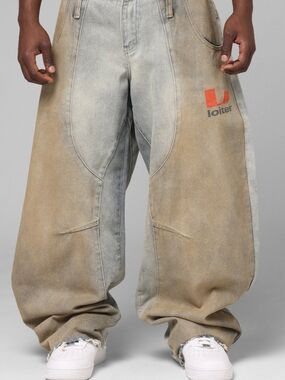 Relaxed Two-Tone Beige/Gray Baggy Jeans with Logo